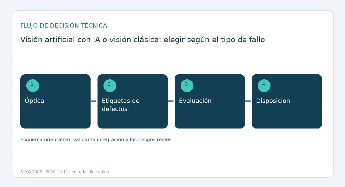 Diagrama de flujo ilustrativo de una secuencia de evaluación de visión en cuatro pasos: óptica, etiquetas de defectos, evaluación y disposición de la pieza.
