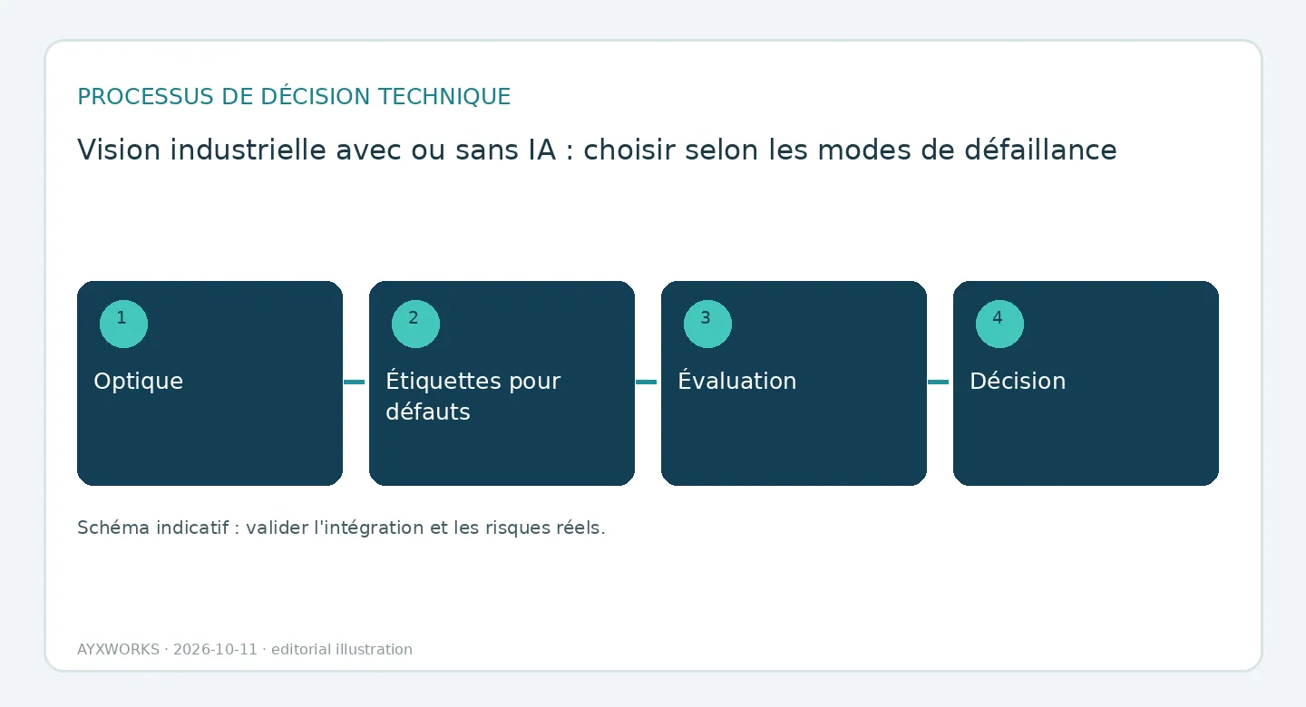 Schéma de flux illustratif d’une séquence d’évaluation de la vision en quatre étapes : optique, étiquettes de défauts, évaluation et décision sur la pièce.