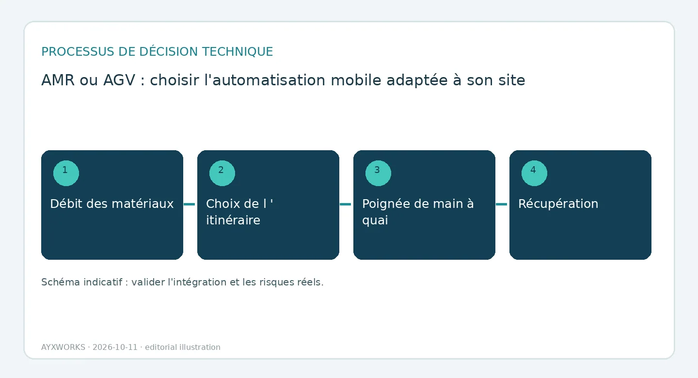 Schéma de flux illustratif d’une séquence d’évaluation AMR et AGV en quatre étapes : flux de matières, choix d’itinéraire, échange de signaux à l’accostage et reprise.