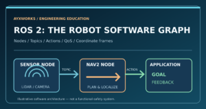 Original AYXWORKS educational diagram showing ROS 2 sensor, Nav2 navigation and application nodes connected through topics and actions.