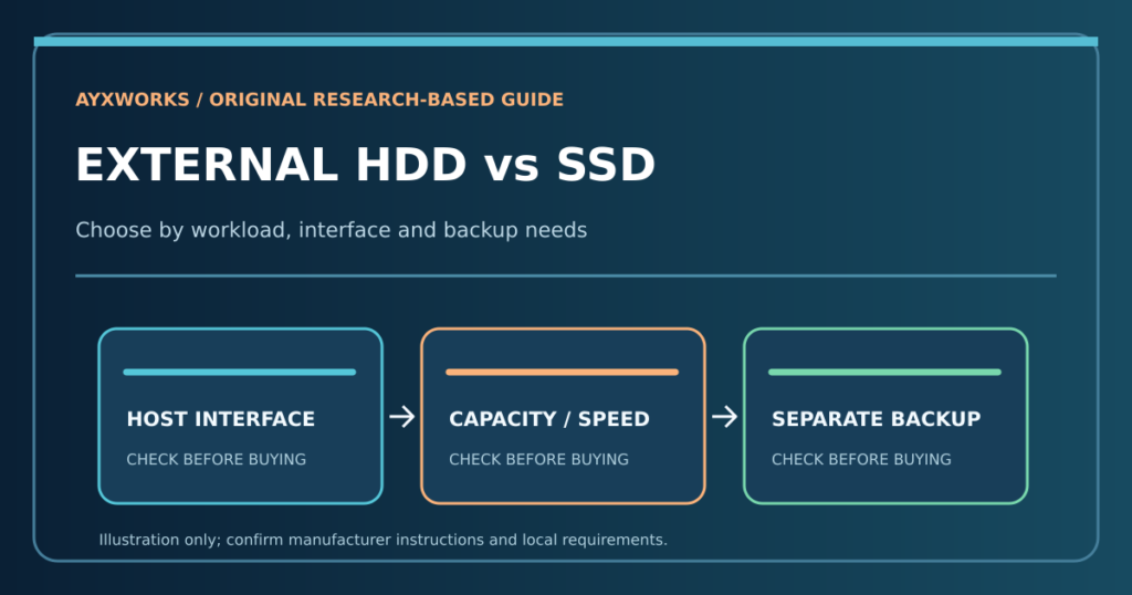 Original AYXWORKS illustration comparing external HDD and SSD storage with separate backup copies