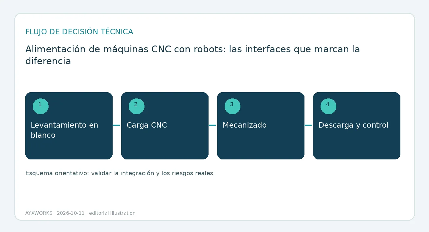 Diagrama de flujo ilustrativo de un ciclo de carga y descarga de un CNC en cuatro pasos: recogida de la pieza en bruto, carga del CNC, mecanizado, y descarga con comprobación.