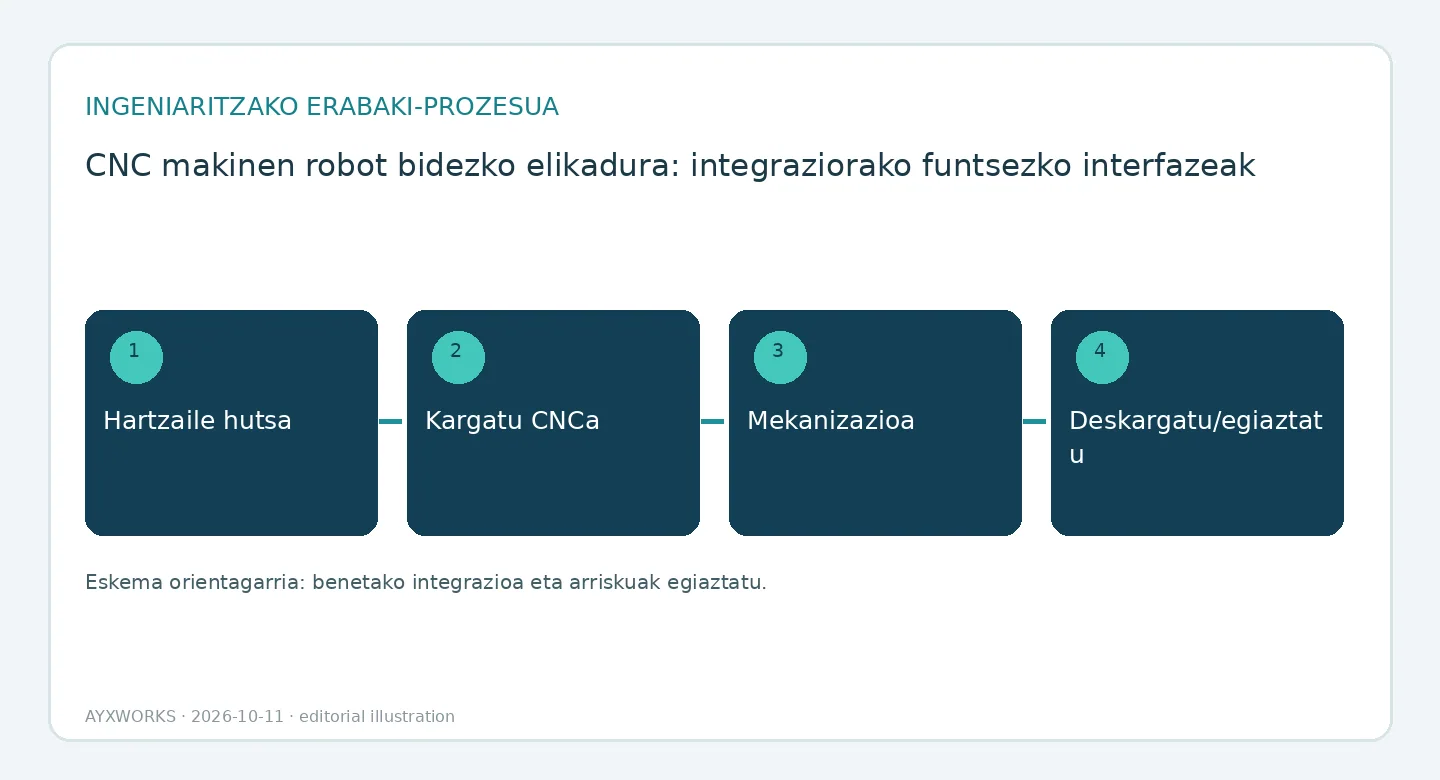 CNC makina bat kargatzeko eta deskargatzeko zikloaren fluxu-diagrama ilustratiboa, lau urratsetan: pieza gordina hartzea, CNCa kargatzea, mekanizazioa, eta deskarga eta egiaztapena.