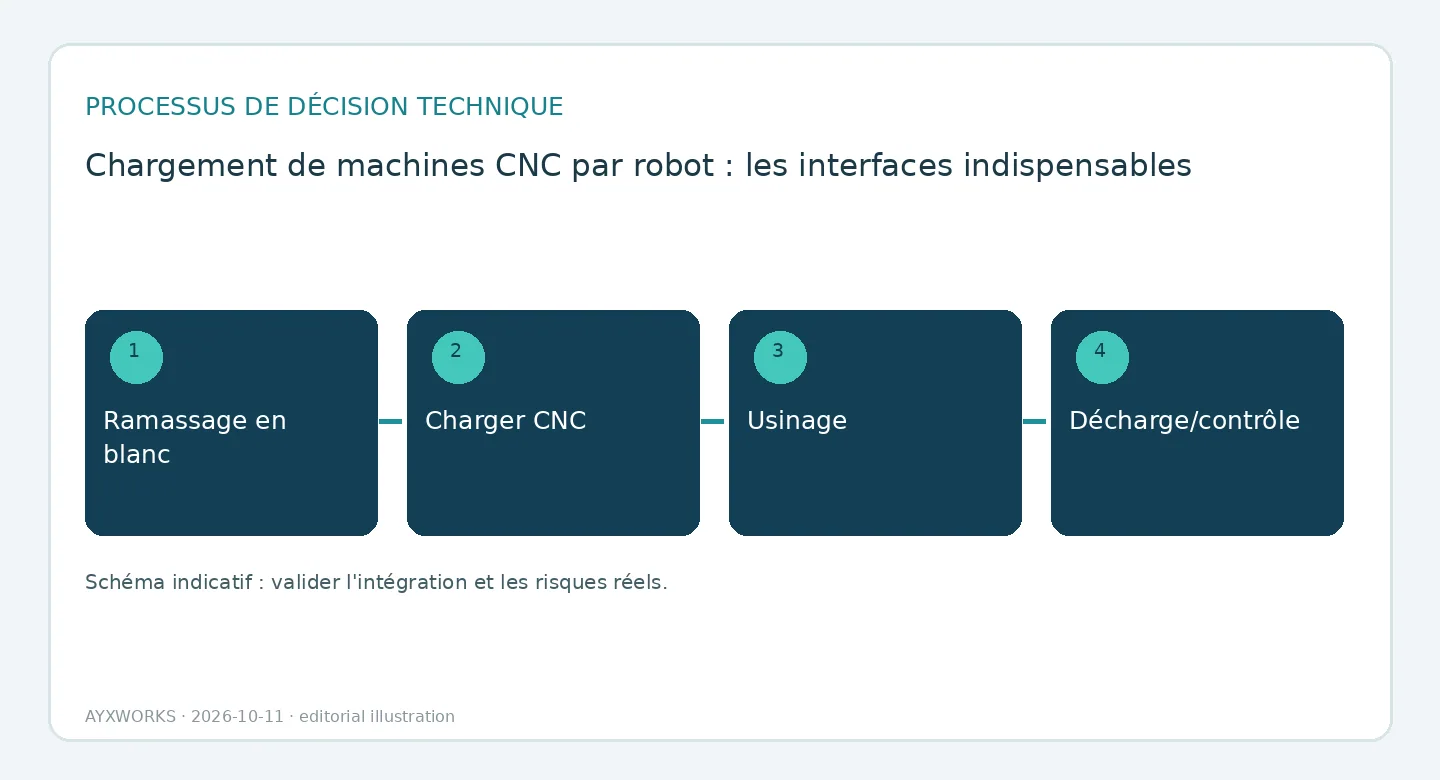 Schéma de flux illustratif d’un cycle de chargement/déchargement de CNC en quatre étapes : prise de la pièce brute, chargement de la CNC, usinage, puis déchargement avec contrôle.