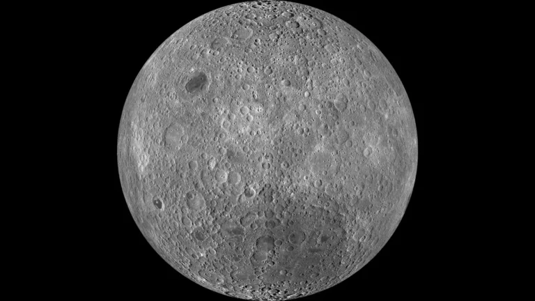 Lunar Reconnaissance Orbiter mosaic centered on the Moon’s far side, showing its heavily cratered highlands.
