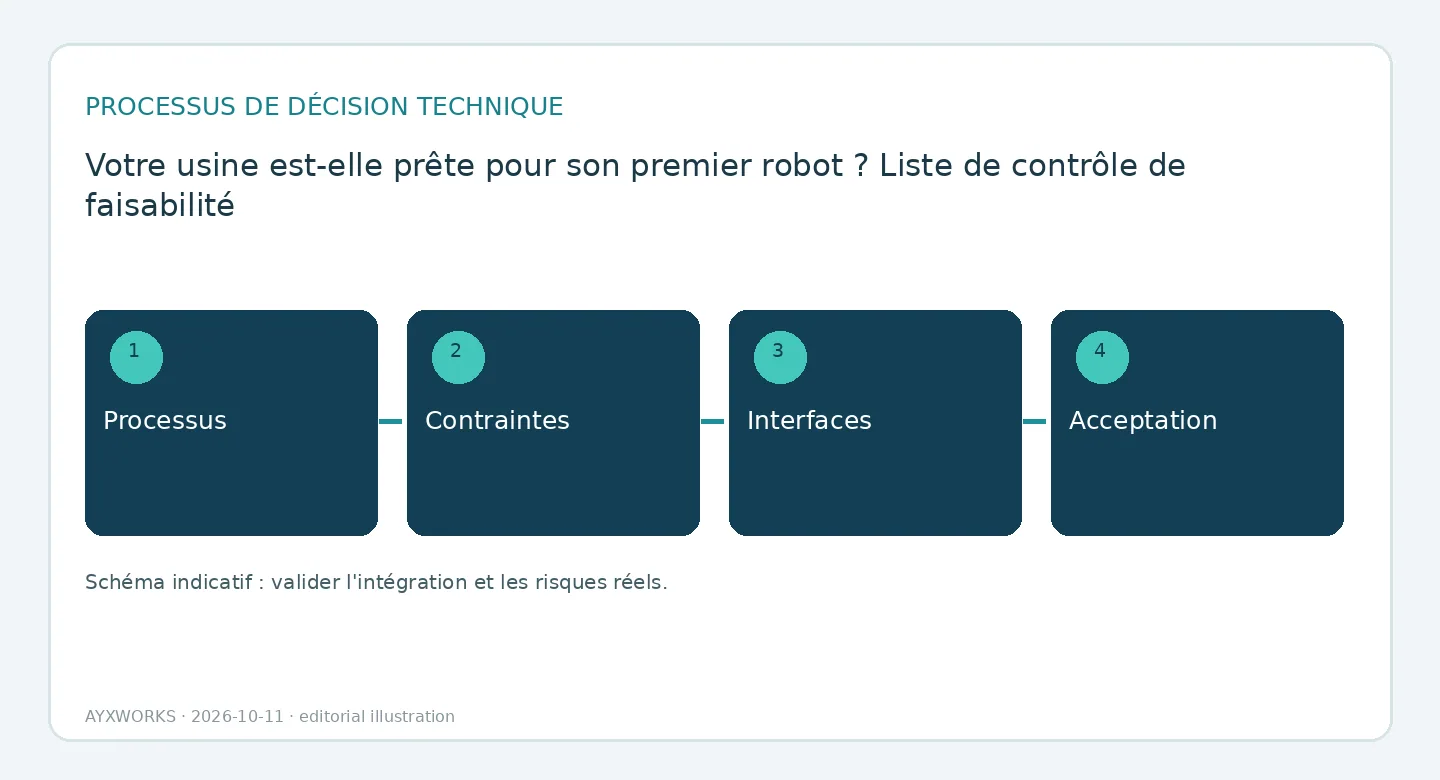 Diagramme de flux pour votre usine est-il prêt pour son premier robot? Une liste de vérification de faisabilité pratique, montrant Processus, Contraintes, Interfaces, Acceptation