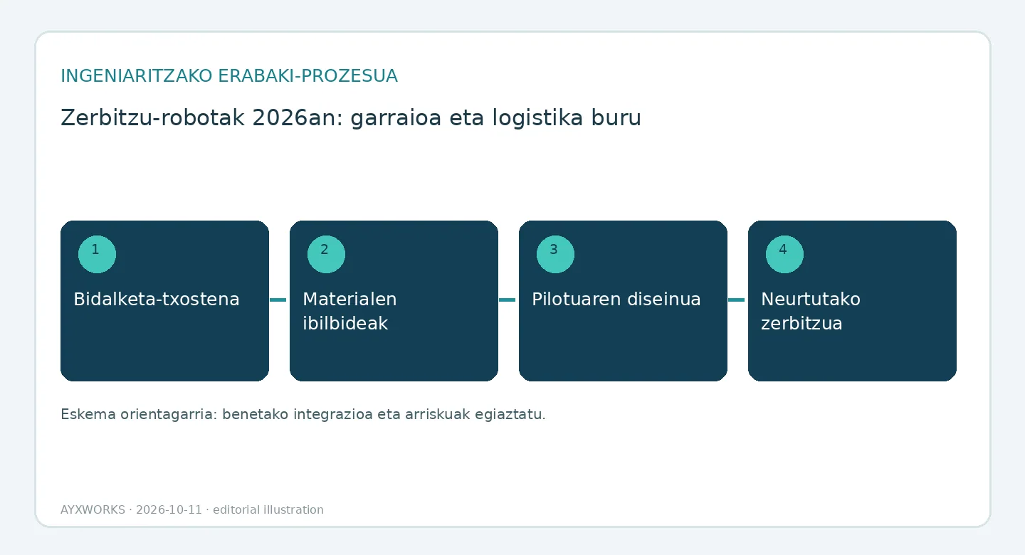 Fluxu-diagrama ilustratiboa, lau etapatan: salmenta-txostena, materialen ibilbideak, pilotuaren diseinua eta neurtutako zerbitzua.