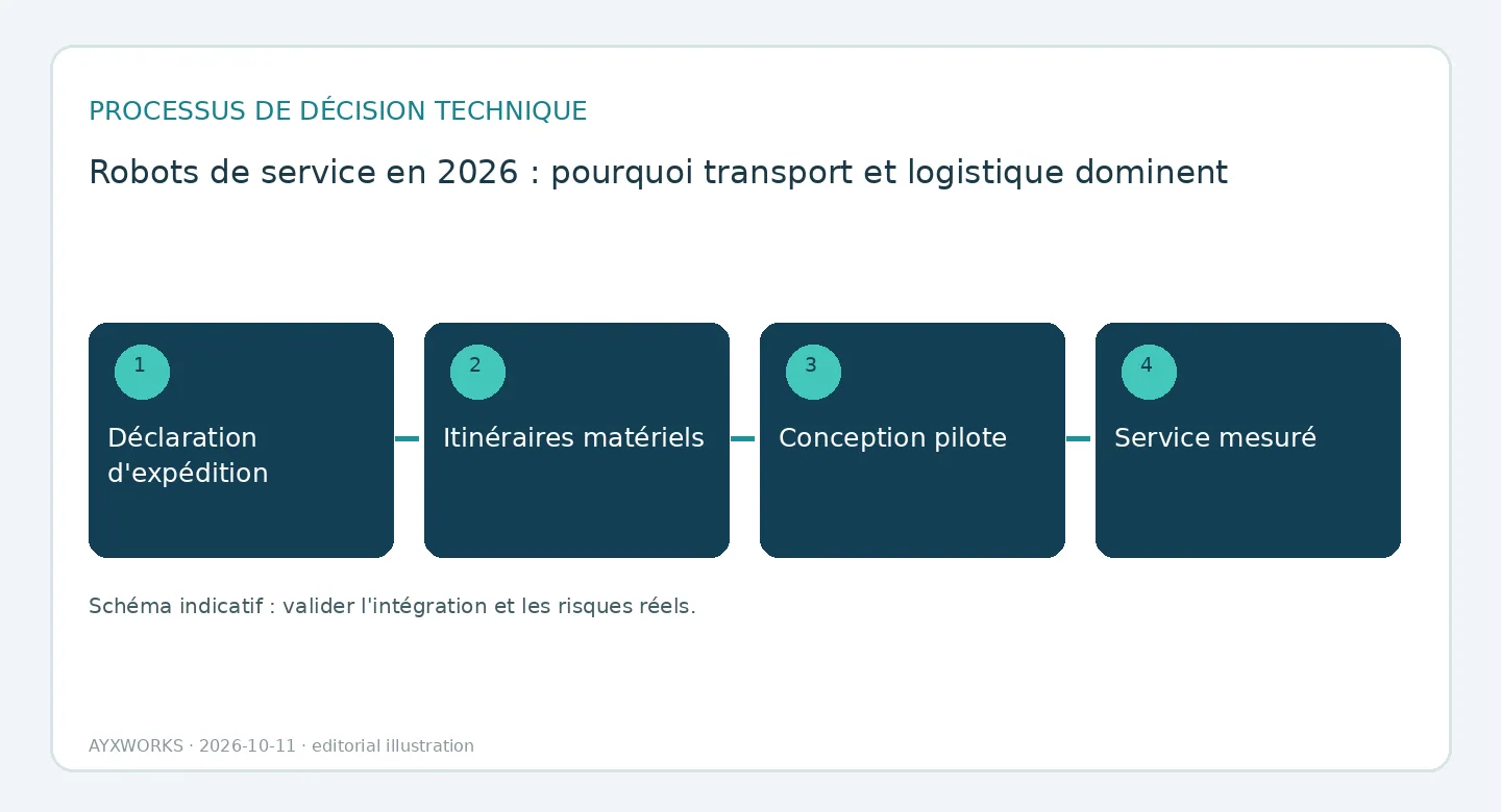 Diagramme de flux illustratif en quatre étapes : rapport de ventes, trajets des matières, conception du pilote et service mesuré.