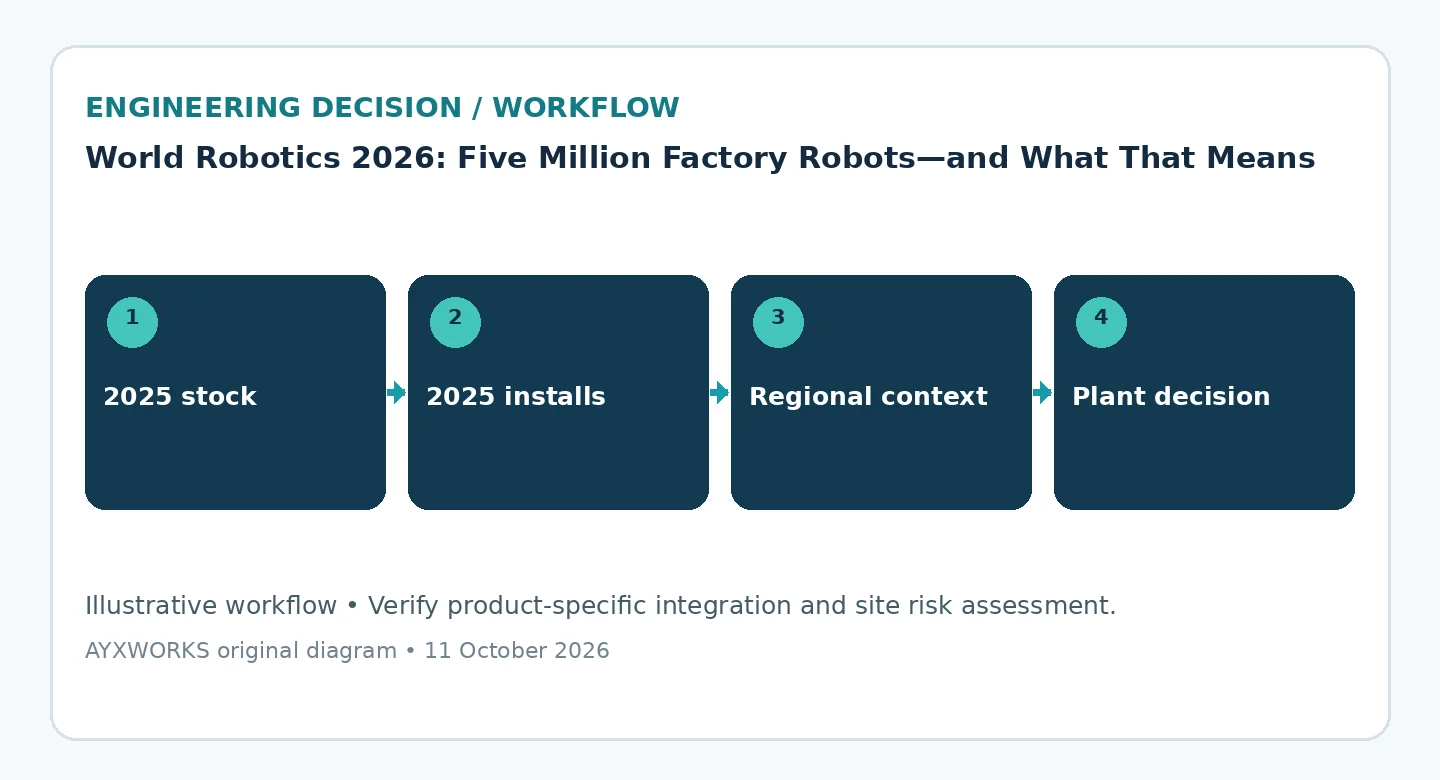 AYXWORKS-Ablauf zur Einordnung des Roboterbestands 2025, jährlicher Neuinstallationen, regionaler Märkte und konkreter Automatisierungsentscheidungen.