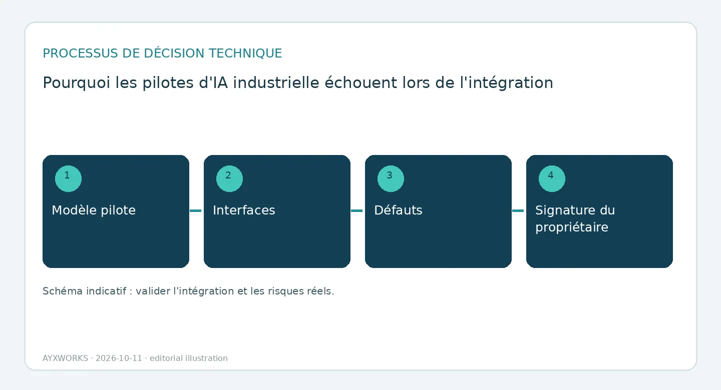 Diagramme de flux illustratif en quatre étapes : modèle pilote, interfaces, comportements de repli et validation par le responsable.