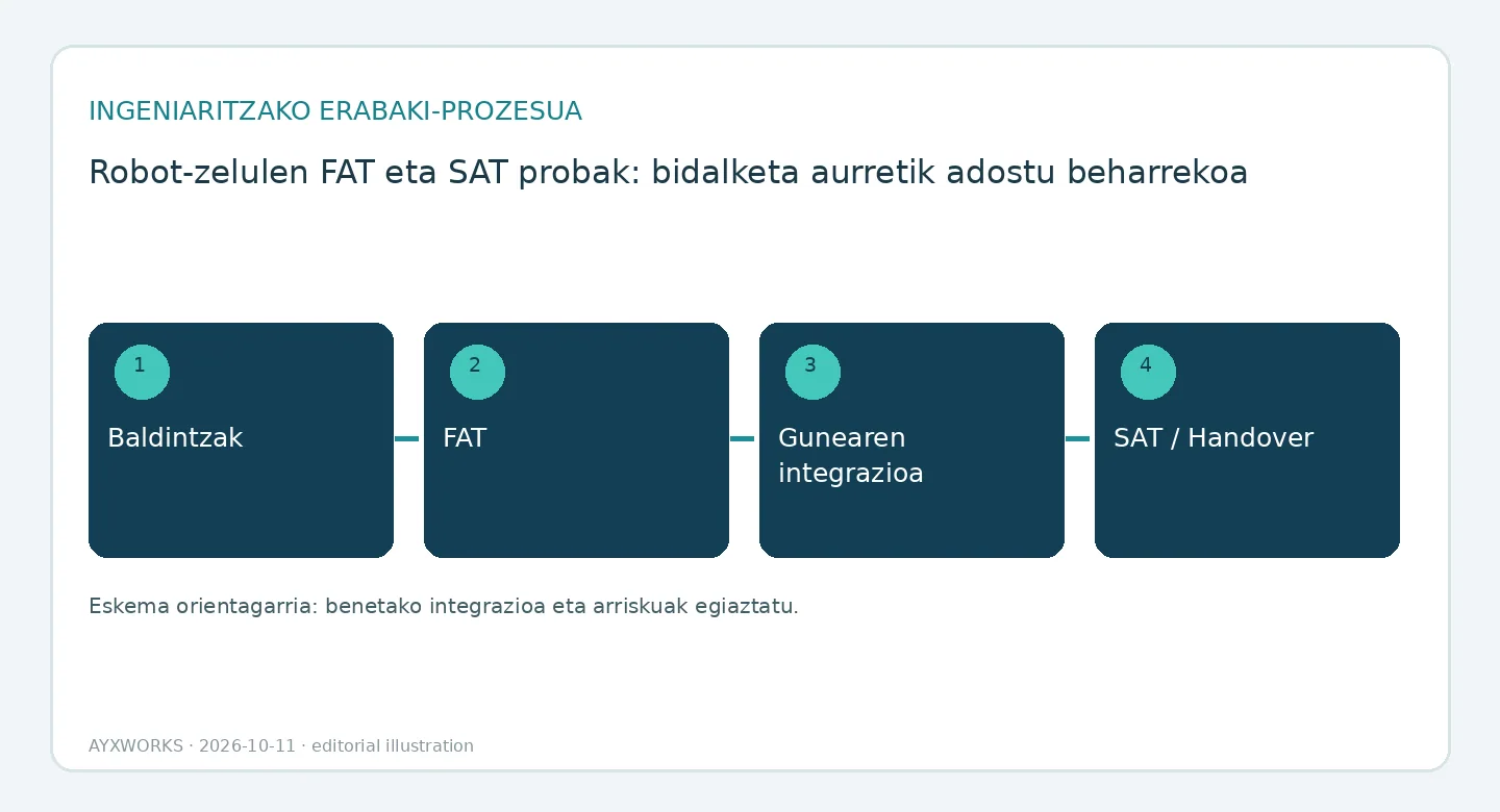 Zelula robotizatu baten onarpenaren fluxu-diagrama ilustratiboa, lau urratsetan: eskakizunak, FAT, instalazioko integrazioa, eta SAT eta entrega.