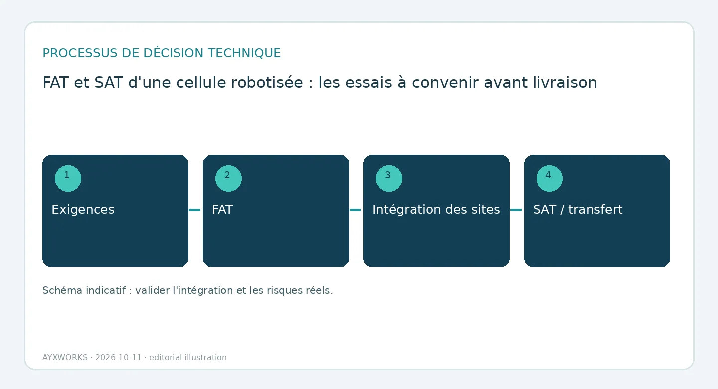 Schéma de flux illustratif de la réception d’une cellule robotisée en quatre étapes : exigences, FAT, intégration sur site, puis SAT et remise.
