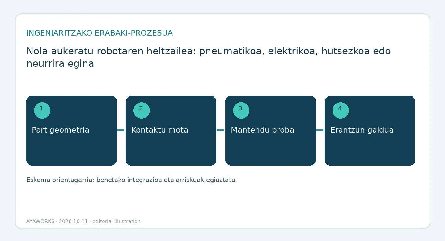 Pintza bat aukeratzeko fluxu-diagrama ilustratiboa, lau urratsetan: piezaren geometria, kontaktu mota, eustearen proba eta pieza galtzean eman beharreko erantzuna