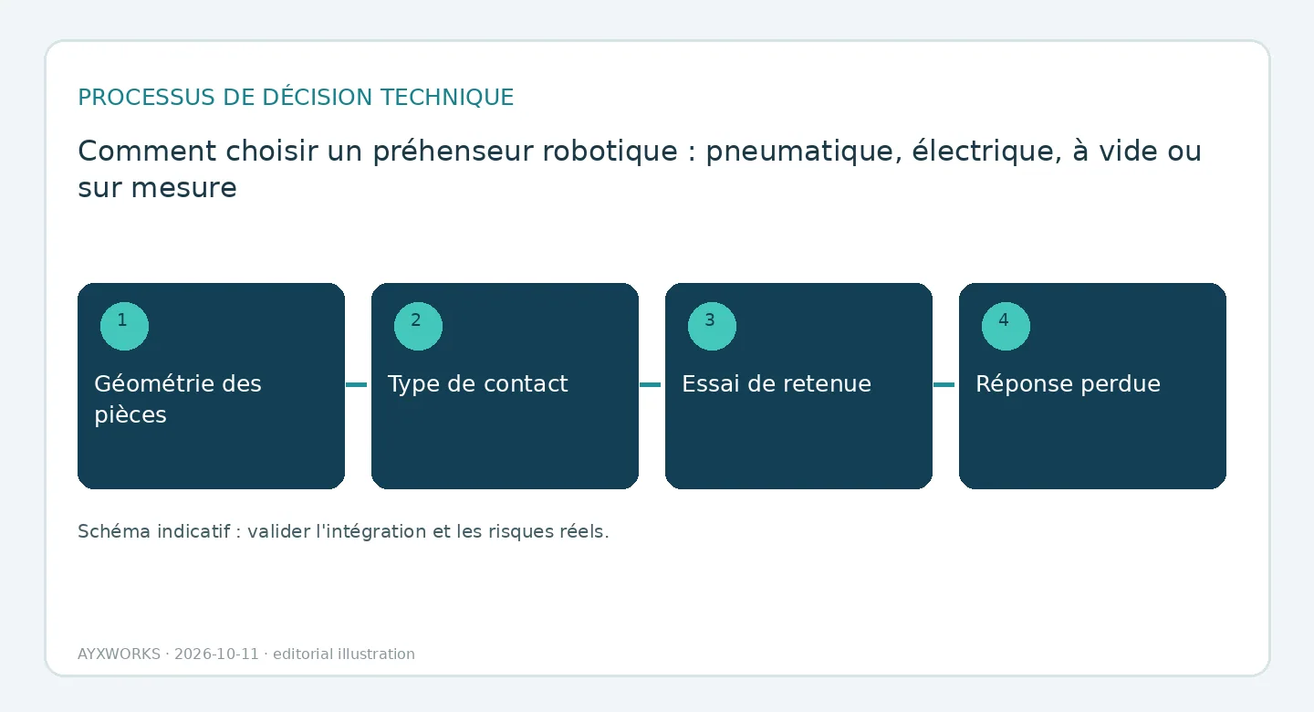 Diagramme de flux illustratif du choix d’un préhenseur en quatre étapes : géométrie de la pièce, type de contact, essai de maintien et réaction à la perte de pièce