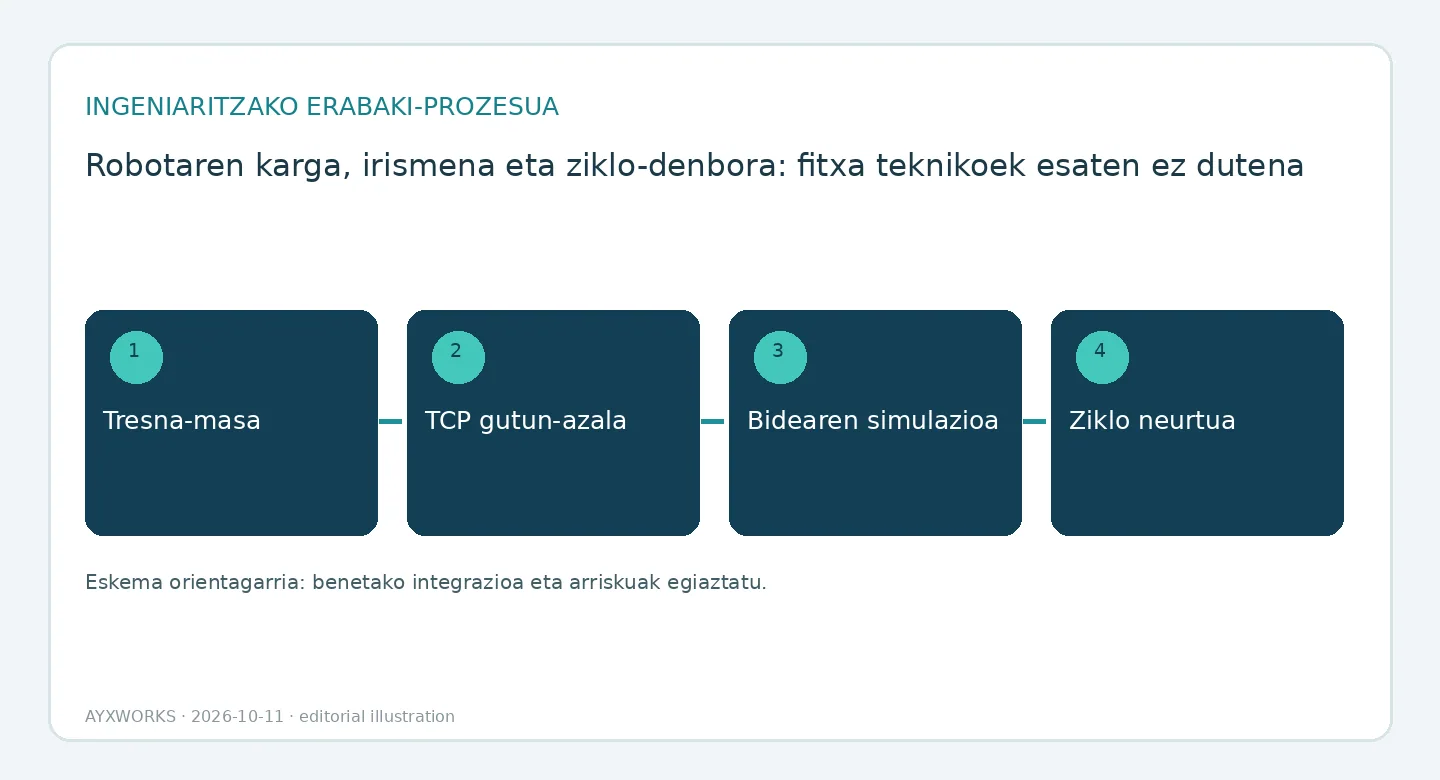 Robot bat dimentsionatzeko sekuentziaren fluxu-diagrama ilustratiboa, lau urratsetan: tresnaren masa, TCParen lan-eremua, ibilbidearen simulazioa eta neurtutako zikloa