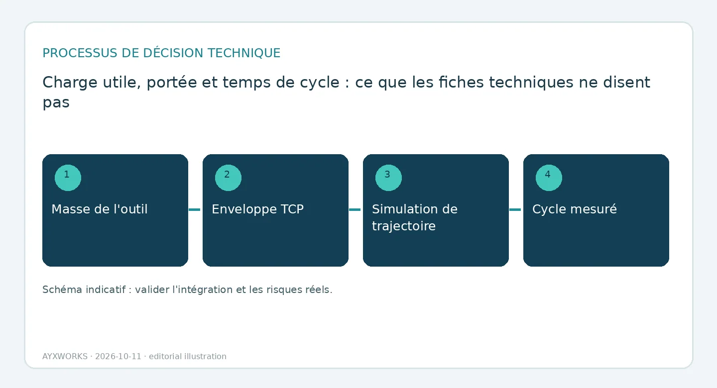 Diagramme de flux illustratif d’une séquence de dimensionnement d’un robot en quatre étapes : masse de l’outil, enveloppe du TCP, simulation de trajectoire et cycle mesuré