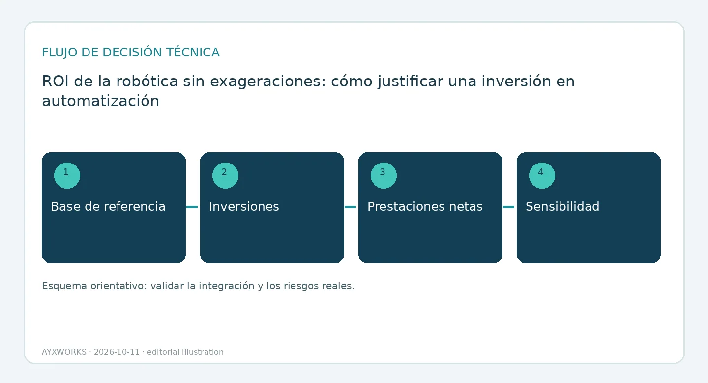 Diagrama de flujo ilustrativo del caso de negocio de un robot en cuatro pasos: situación de partida, inversión, beneficio neto y sensibilidad