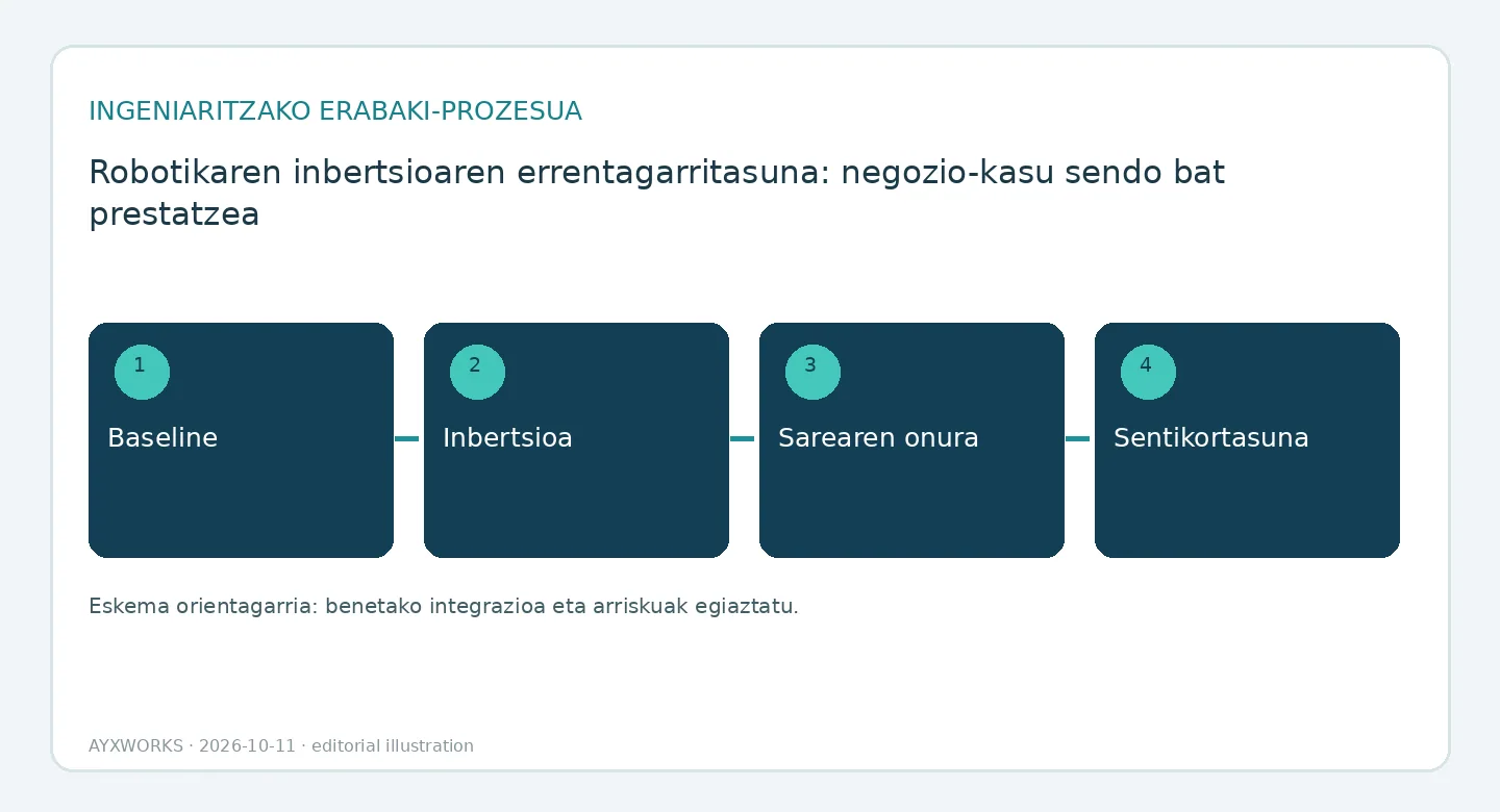 Robot baten negozio-kasuaren fluxu-diagrama ilustratiboa, lau urratsetan: abiapuntuko egoera, inbertsioa, onura garbia eta sentikortasuna