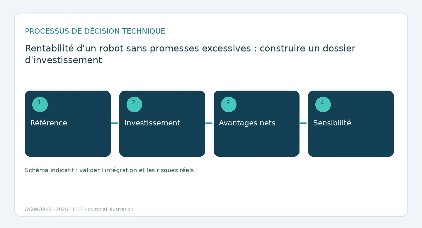 Diagramme de flux illustratif de l’étude de rentabilité d’un robot en quatre étapes : situation de référence, investissement, gain net et sensibilité