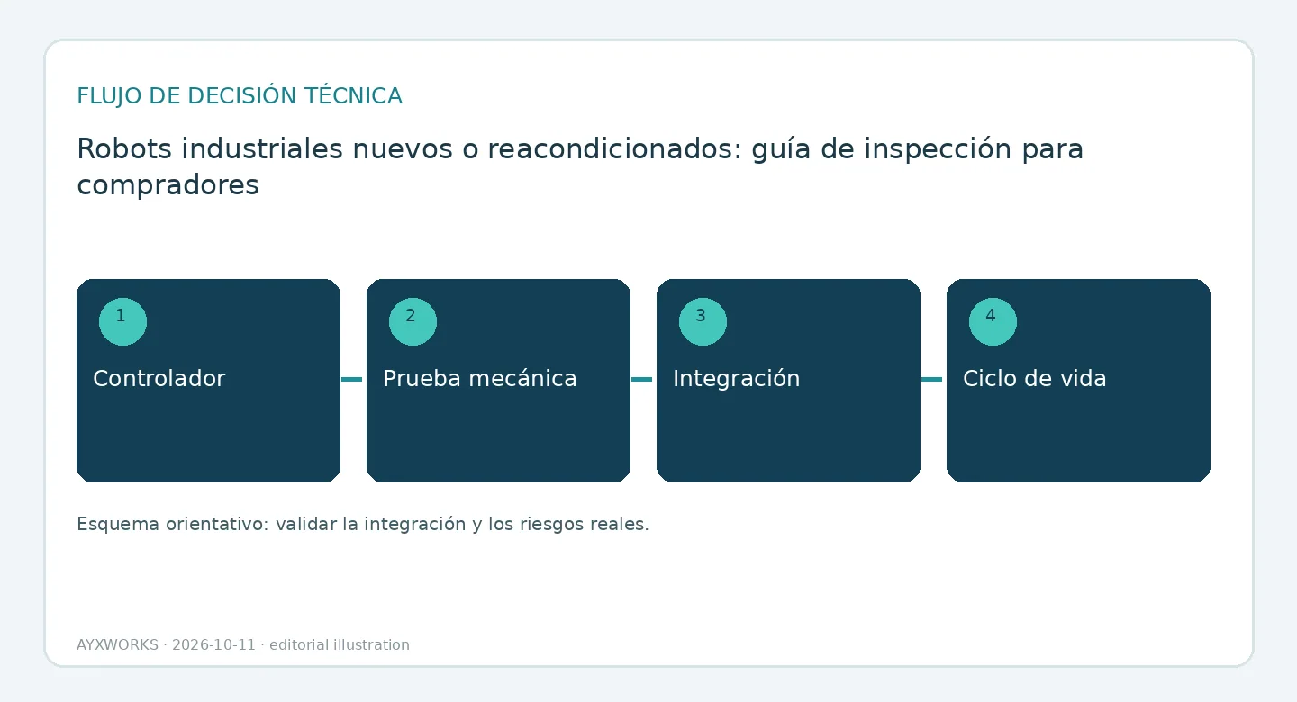 Diagrama de flujo ilustrativo de la inspección previa a la compra de un robot en cuatro pasos: controlador, prueba mecánica, integración y ciclo de vida