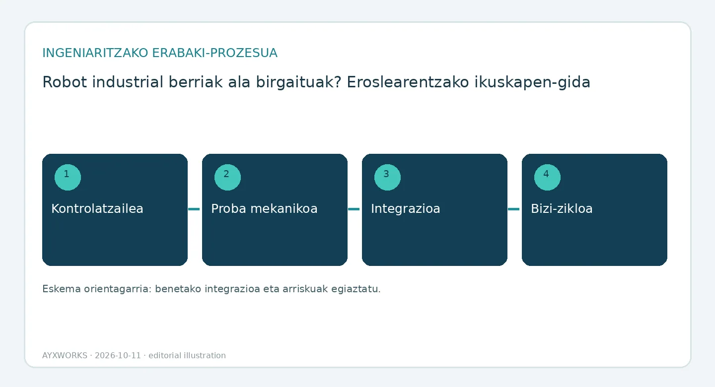 Robot bat erosi aurreko ikuskapenaren fluxu-diagrama ilustratiboa, lau urratsetan: kontrolagailua, proba mekanikoa, integrazioa eta bizi-zikloa