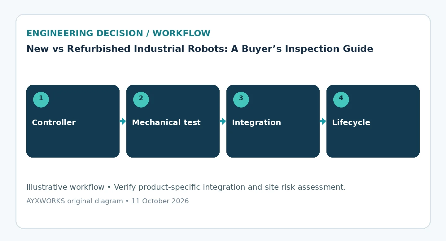 Schematische Prüfung beim Roboterkauf: Steuerung, mechanischer Test, Integration und Lebenszyklus.