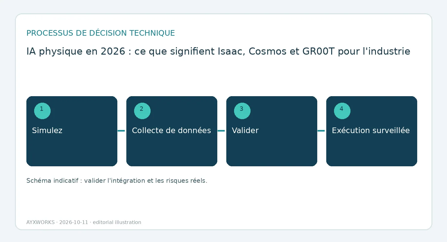 Diagramme de flux illustratif en quatre étapes : simuler, collecter des données, valider et exécution protégée.