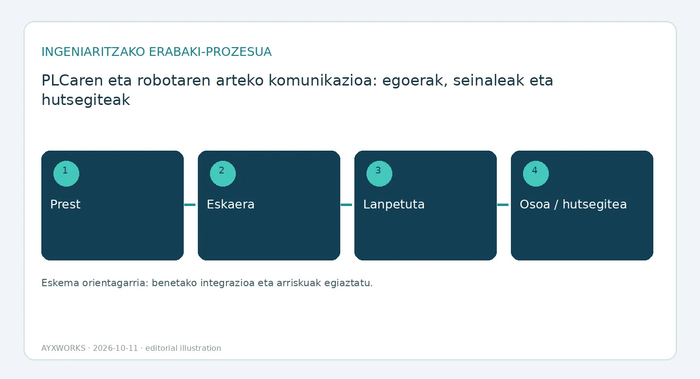 PLCaren eta robotaren arteko seinale-trukearen fluxu-diagrama ilustratiboa, lau egoeratan: prest, eskaera, lanean, eta osatuta edo hutsegitea.