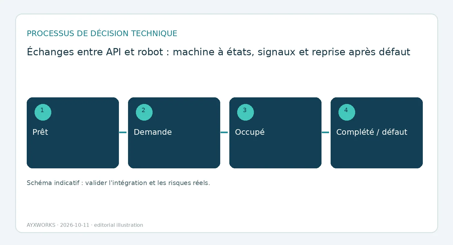 Schéma de flux illustratif d’un échange de signaux entre automate et robot en quatre états : prêt, demande, occupé, puis terminé ou défaut.