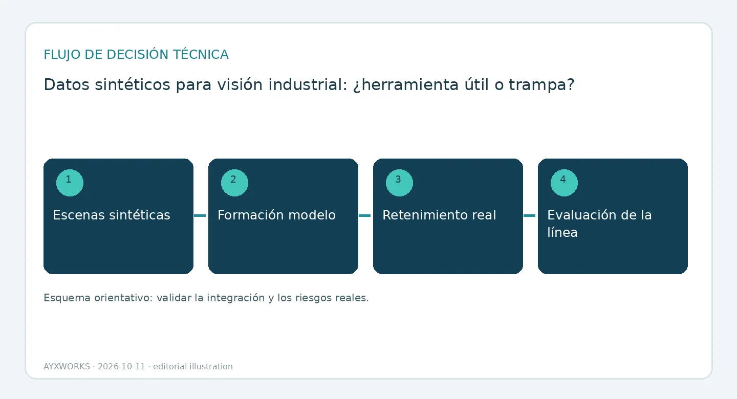 Diagrama de flujo ilustrativo de una secuencia de evaluación en cuatro pasos: escenas sintéticas, entrenamiento del modelo, conjunto real reservado y evaluación en línea.