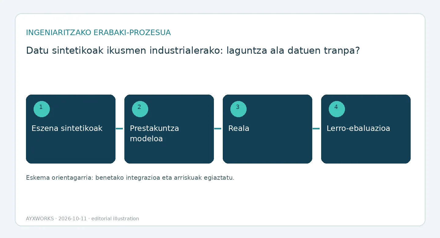 Ebaluazio-sekuentzia baten fluxu-diagrama ilustratiboa, lau urratsekoa: eszena sintetikoak, ereduaren entrenamendua, erreserbatutako benetako multzoa eta lineako ebaluazioa.