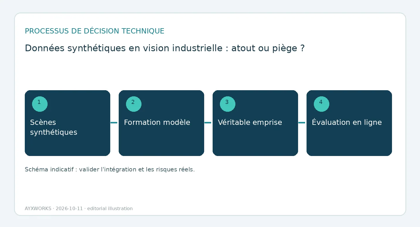 Schéma de flux illustratif d’une séquence d’évaluation en quatre étapes : scènes synthétiques, entraînement du modèle, jeu réel mis de côté et évaluation sur ligne.
