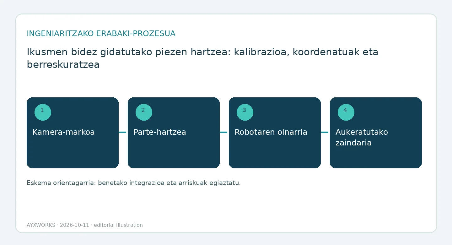 Ikusmen bidez gidatutako pieza-hartzearen sekuentzia baten fluxu-diagrama ilustratiboa, lau urratsekoa: kameraren erreferentzia-sistema, piezaren posea, robotaren oinarria eta zaindutako hartzea.
