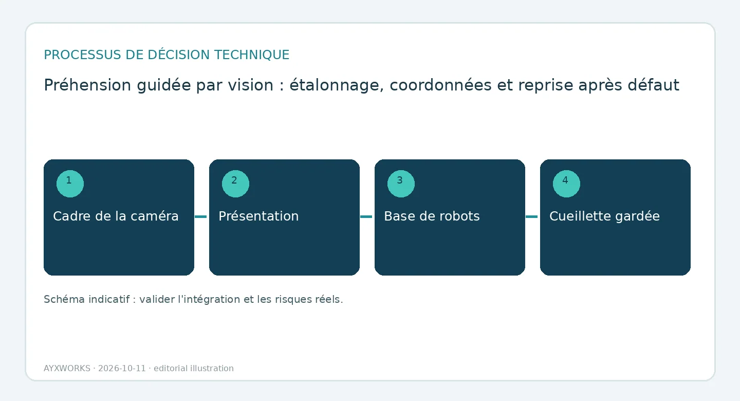 Schéma de flux illustratif d’une séquence de préhension guidée par vision en quatre étapes : repère caméra, pose de la pièce, base du robot et prise sous surveillance.